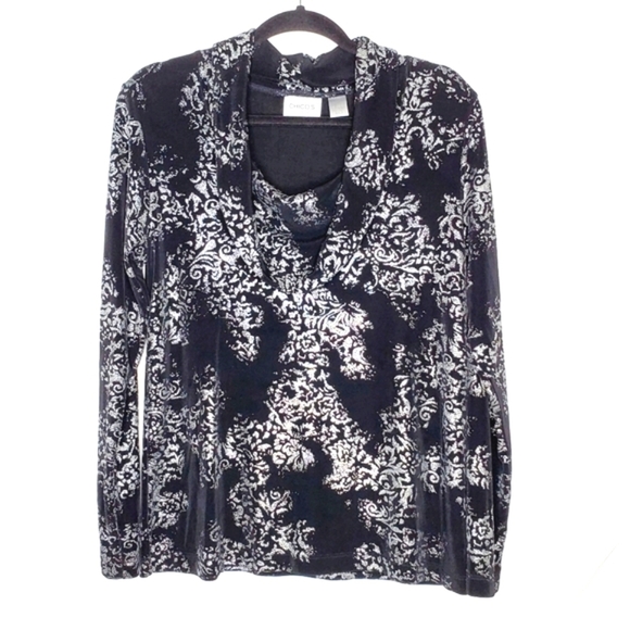 Chico's Travelers Cowl Neck Top Size 2 / US L Stretch Foil Print Slinky Pullover - Picture 1 of 10